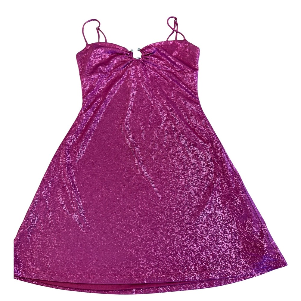Lucy In The Sky Metallic Magenta Pink Keyhole Mini S Dress Shimmer Party Y2K l